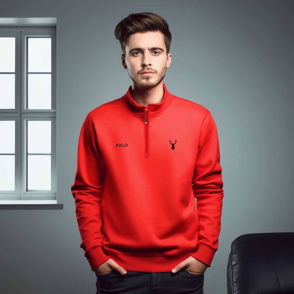 Polo Republica Men's Quarter Zipper Deer & Polo Embroidered Fleece Sweat Shirt Men's Sweat Shirt Polo Republica Red S 