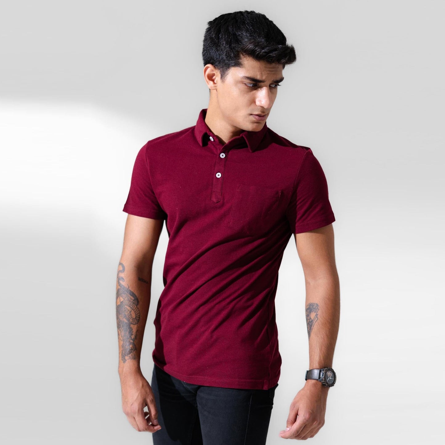 Polo Republica Men's Essentials Tailored Collar Pocket Polo ShirtMaroon