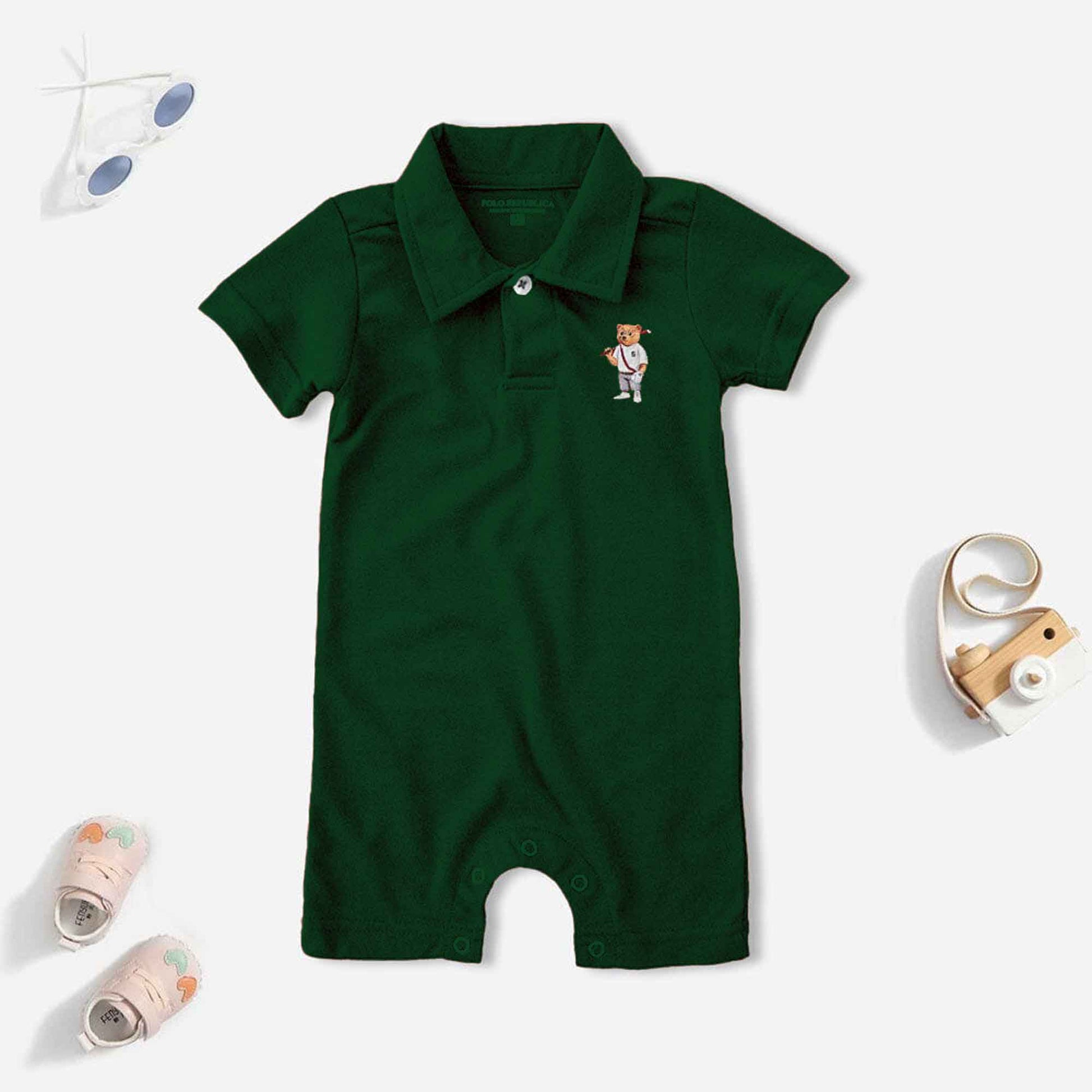 Polo Republica Bear 5 Printed Design Short Sleeve Baby Romper Romper Polo Republica Bottle Green 0-3 Months 