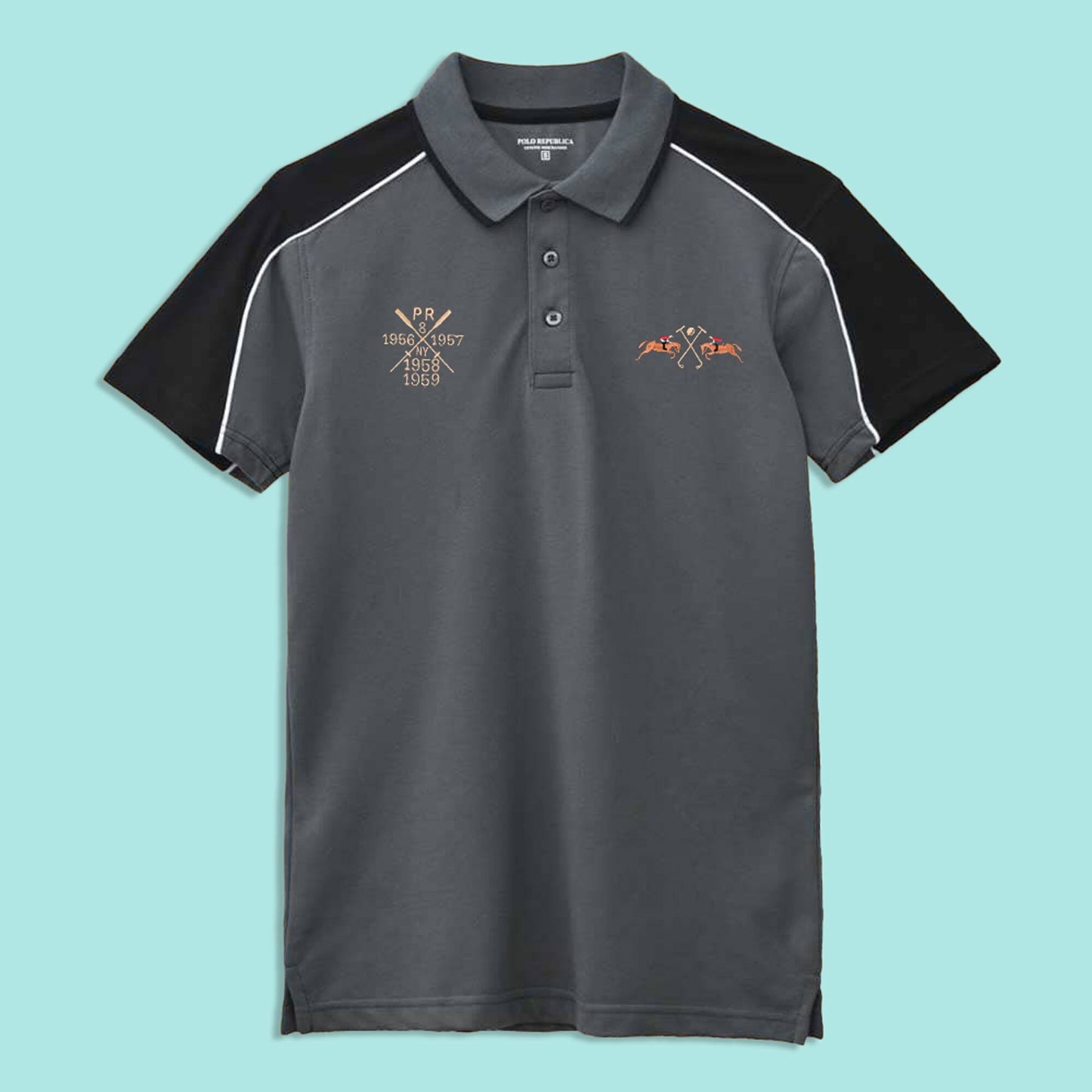 Polo Republica Men's Double Pony & Mallets Embroidered Contrast Panels Polo Shirt Men's Polo Shirt Polo Republica Slate Grey & Black S 