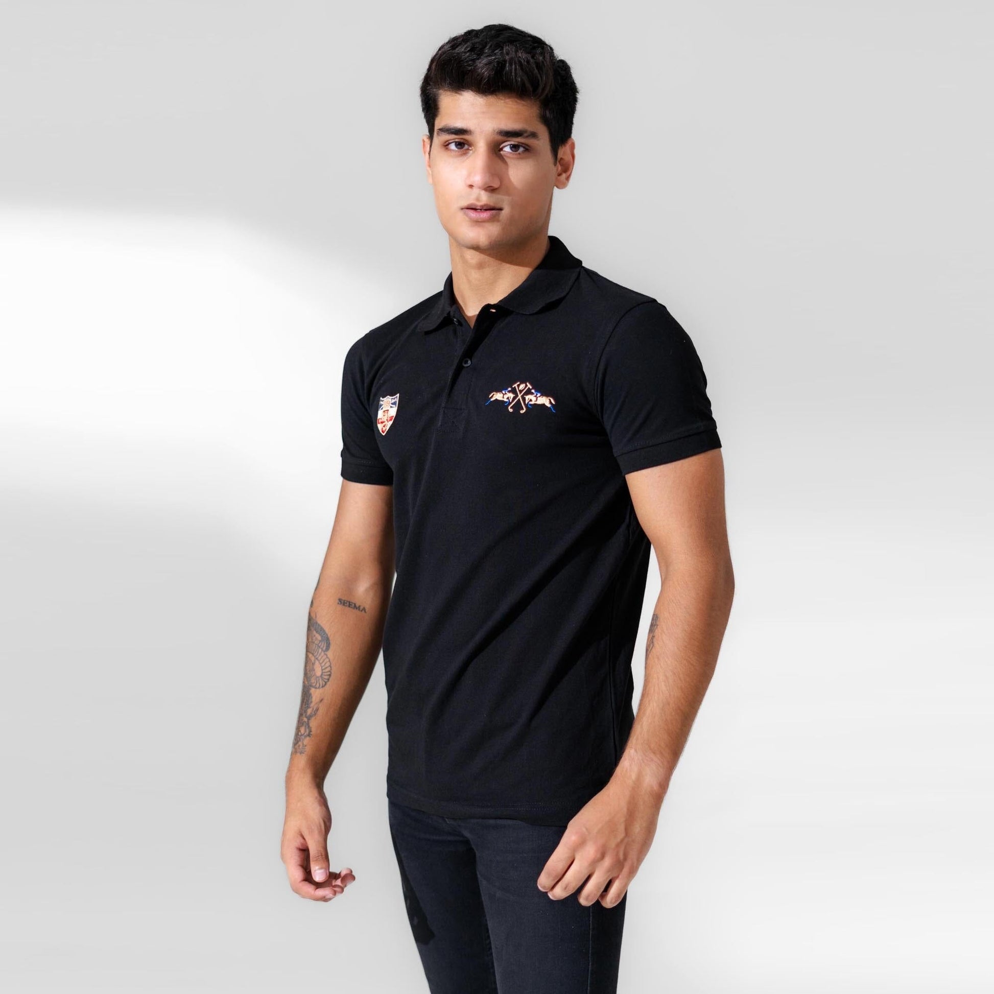 Polo Republica Men's Rango Double Pony & Emblem Embroidered Short Sleeve Polo Shirt Men's Polo Shirt Polo Republica Black S 