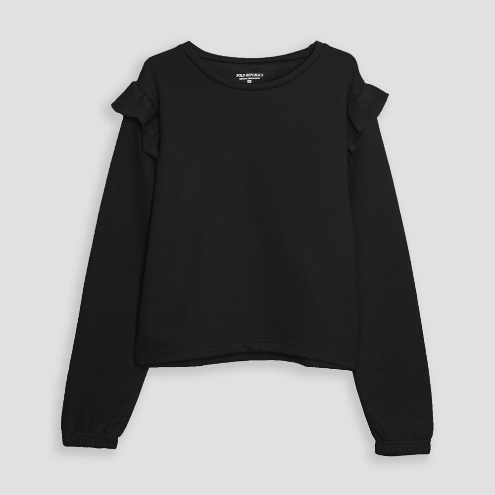 Polo Republica Women's Frill Shoulder Long Sleeve Fleece Sweatshirt Women's Sweat Shirt Polo Republica Black XS 