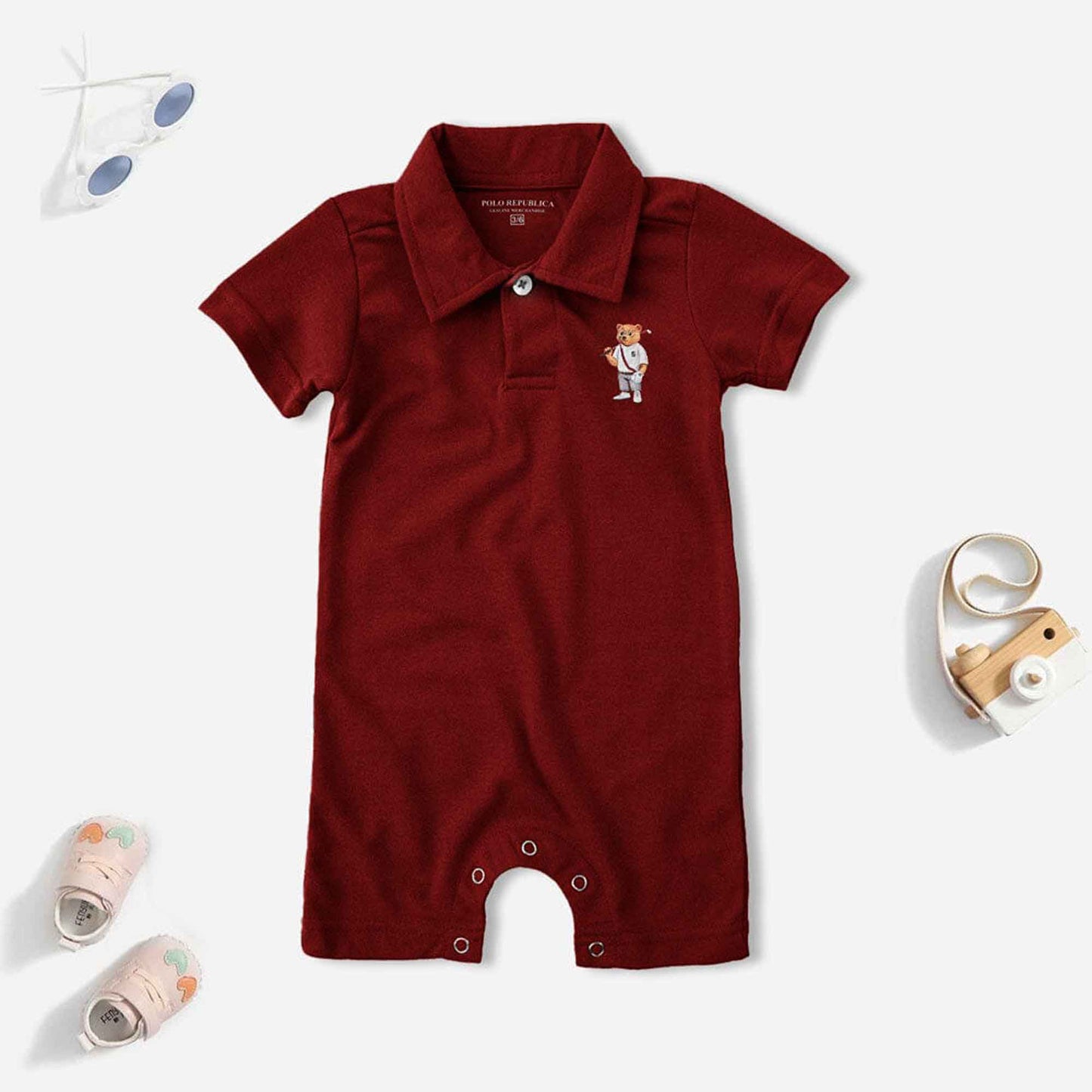 Polo Republica Bear 5 Printed Design Short Sleeve Baby Romper Romper Polo Republica Maroon 0-3 Months 