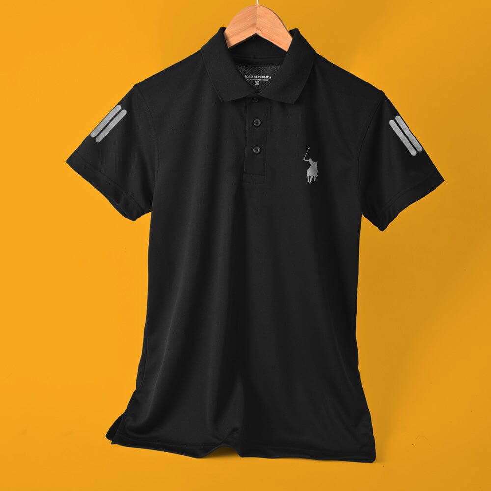 Polo Republica Men's Pony & Strips Printed Activewear Polo Shirt Men's Polo Shirt Polo Republica Black S 